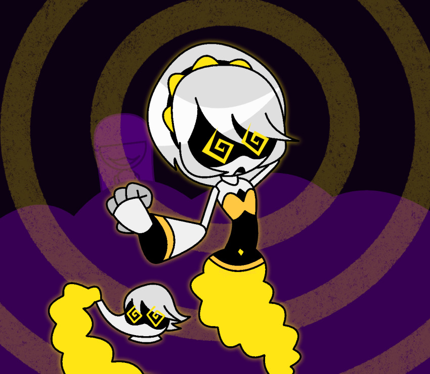 arms_above_head belt bracelet crop_top dancing doll_(murder_drones) evil_smile femdom femsub genie harem_outfit hypnoscream inanimate_object malesub multiple_subs murder_drones navel open_mouth purple_background purple_hair ring_background robot_girl serial_designation_n serial_designation_v short_hair silver_hair story yellow_background yellow_eyes