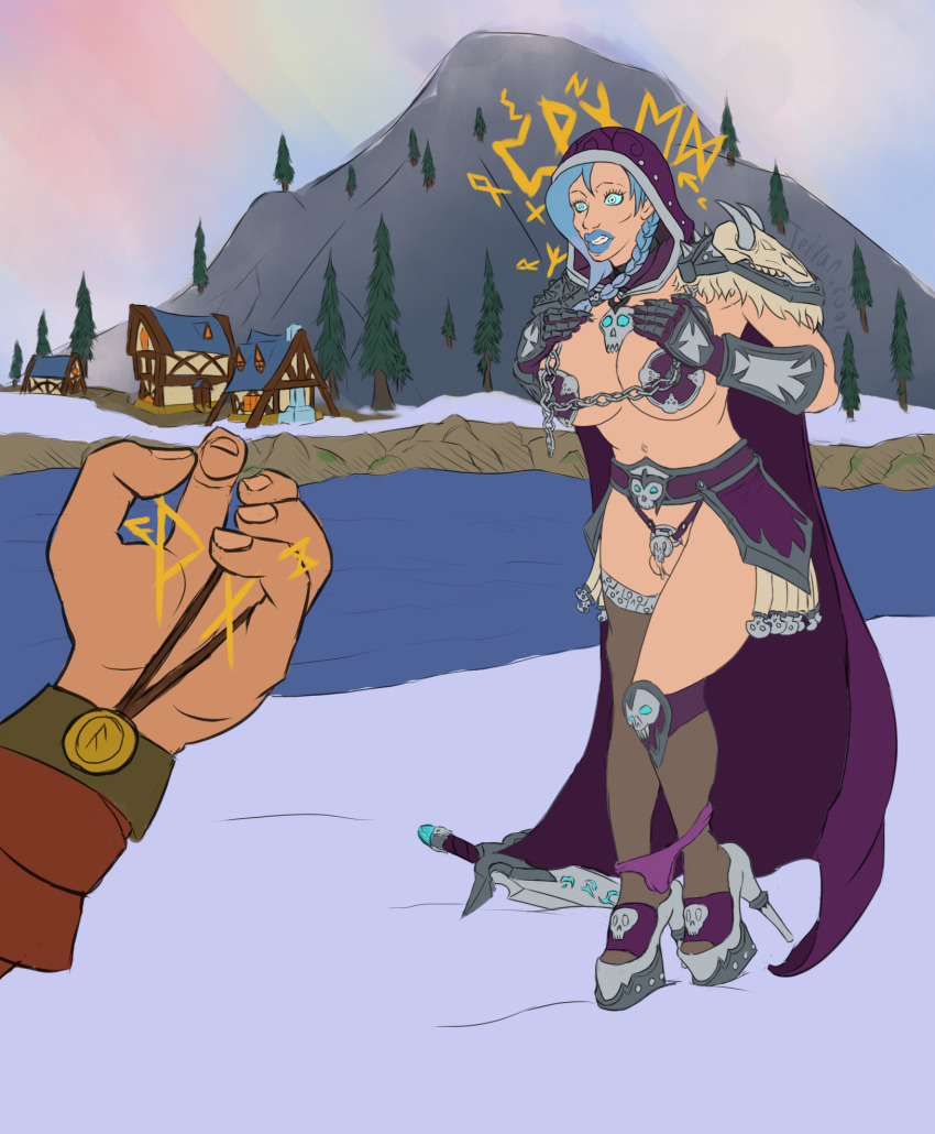 armor bimbofication blue_eyes blue_hair bracers braid chains chastity cloak clothed_exposure empty_eyes futanari futasub high_heels magic outdoors panties pasties pov pov_dom telivan thighhighs warcraft world_of_warcraft