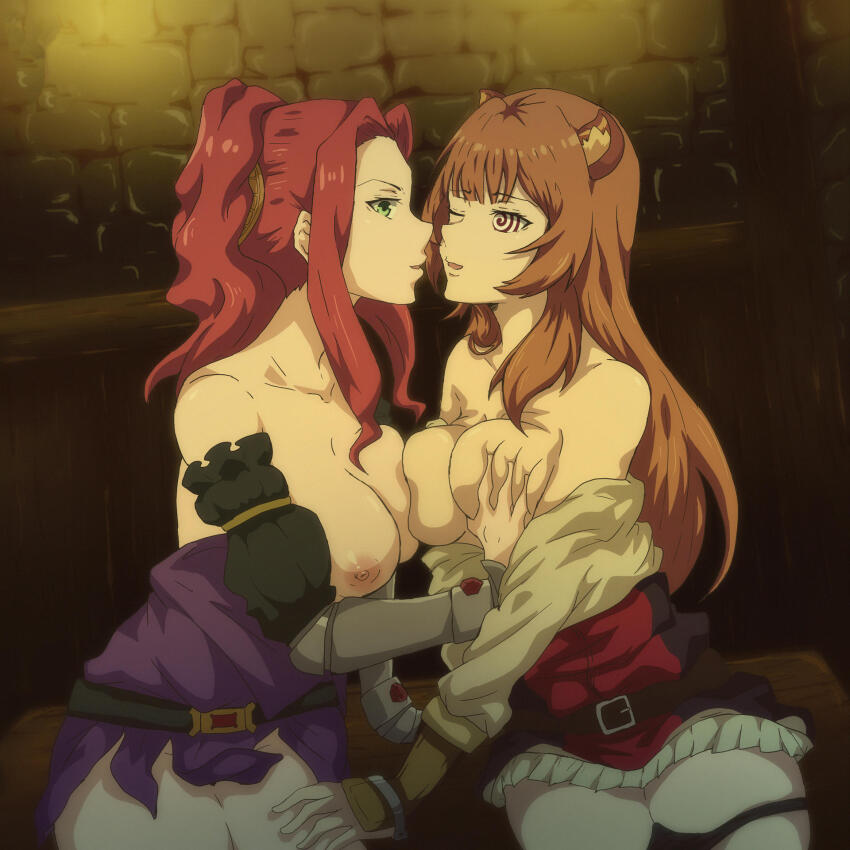 animal_ears breasts brown_hair evil_smile exposed_chest femdom femsub gloves happy_trance ivatent_(manipper) long_hair malty_melromarc manip multiple_girls raphtalia red_hair smile spiral_eyes symbol_in_eyes tanuki_girl the_rising_of_the_shield_hero topless