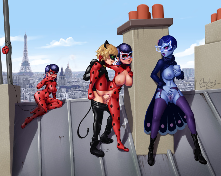 absurdres adrien_agreste blonde_hair blue_eyes blue_skin bodysuit boots bottomless breast_fondling breasts_outside cape cat_ears exposed_chest femsub green_sclera high_heels holding_breasts large_breasts light_skin magic magical_girl marinette_dupain-cheng mask masturbation miraculous_ladybug multiple_girls multiple_subs nathalie_sancoeur navel nipples open_clothes open_mouth outdoors purple_sclera pussy_juice sex short_hair signature smile super_hero surprised tail topless twintails vaginal