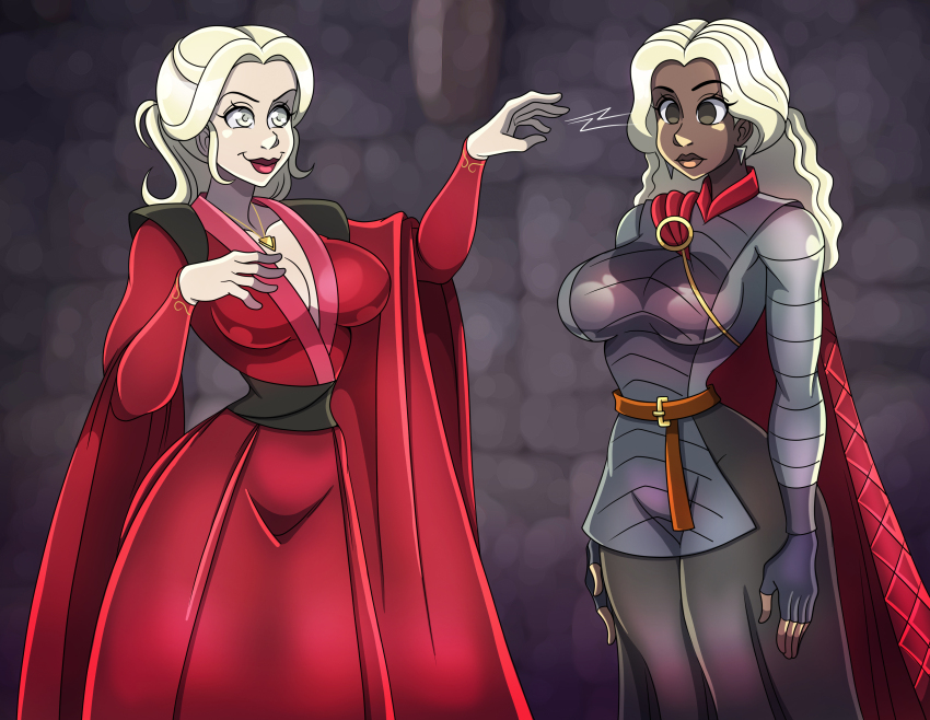 absurdres baela_targaryen brown_eyes cape cleavage collarbone crossed_eyes dark_skin dress female_only femdom femsub house_of_the_dragon large_breasts long_hair necklace pale_skin rhaenyra_targaryen standing standing_at_attention tagme white_eyes white_hair zorro-zero