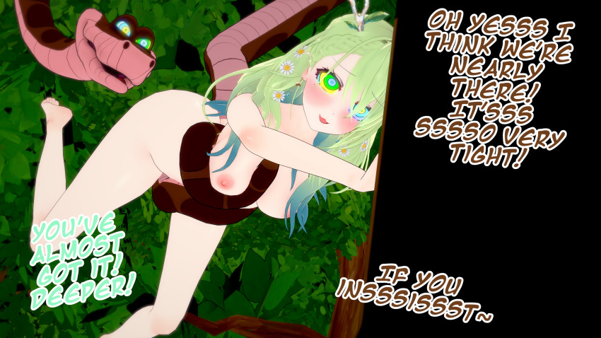 3d antlers bestiality blush bottomless breasts ceres_fauna dialogue disney fauna_ceres femsub green_hair hololive hololive_english hypnotic_eyes kaa kaa_eyes koikatsu! maledom nude outdoors sex smile smirk snake text thatguysly the_jungle_book topless vaginal virtual_youtuber