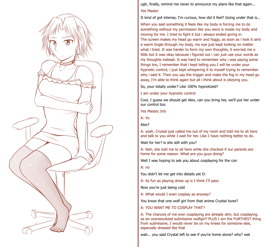 absurdres alex_(zko) ambiguous_pov angry caption collar crystal_(zko) feet femsub looking_at_viewer monochrome original pov short_hair simple_background sketch text thighhighs user_interface webcam white_background zko