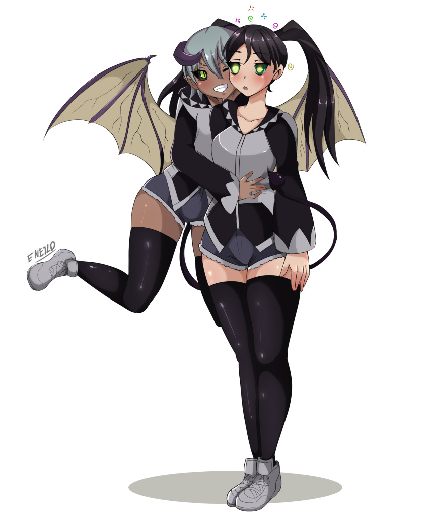 alternate_costume black_hair ceres_(godofwar99) demon_girl enetheligthingdancer expressionless female_only femdom femsub green_eyes kaa_eyes lilith_(monster_musume) monster_girl monster_musume original ring_eyes short_hair sneakers standing standing_at_attention succubus thighhighs twintails