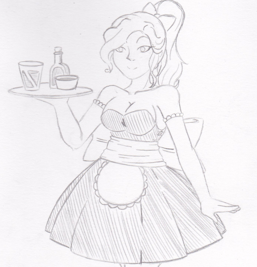 absurdres annabeth_chase apron disguised_hypnotist domestication empty_eyes female_only femsub gloves hair_ribbon happy_trance housewife lace maid percy_jackson_&_the_olympians ponytail ribbon sketch skirt stepfordization tray