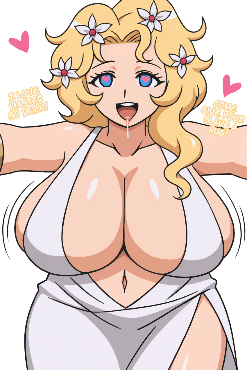 ai_art aphrodite_(record_of_ragnarok) blonde_hair blue_eyes bouncing_breasts bracelet cleavage collarbone curly_hair drool female_only femsub flower_in_hair heart heart_eyes hug huge_breasts looking_at_viewer love maledom manip minimimic_(generator) minimimic_(manipper) navel open_mouth record_of_ragnarok simple_background solo stable_diffusion_(ai) text toga white_background