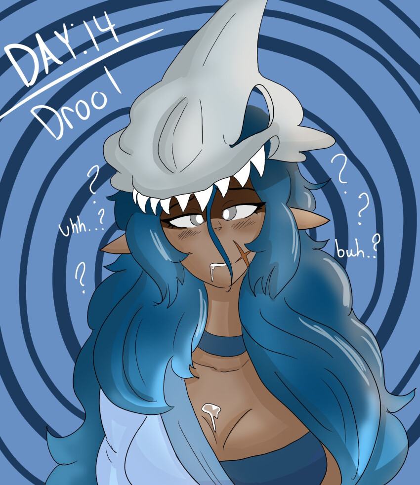 a_singular_fish blue_background blue_hair choker cleavage clothed collarbone confused dark_skin drool elf_ears female_only femsub grey_eyes hypnovember long_hair looking_at_viewer original scar sharp_teeth skull solo spiral_background text