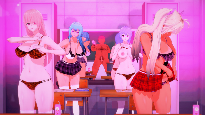 3d blonde_hair blue_hair bra breasts classroom cold_(numbersguy) dark_skin empty_eyes exposed_chest expressionless faceless_male femsub glasses hair_ribbon koikatsu! large_breasts leopard_print mage_(numbersguy) mirror nipples numbersguy panties penis phone pink_eyes standing tan_lines tan_skin tech_control thighhighs topless underwear undressing warm_(numbersguy)