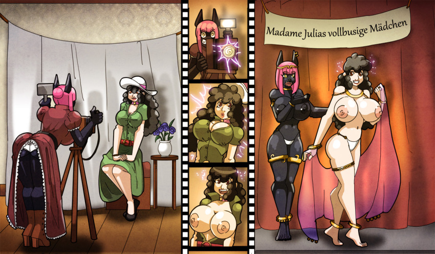artist_request bracelet breast_expansion camera character_request collar egyptian female_only femdom femsub happy_trance harem_outfit jackal_girl madame_julia presenting spiral spiral_eyes tagme topless transformation undressing