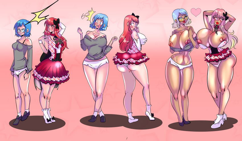 audrey_belrose before_and_after bimbofication blue_hair breast_expansion breasts breasts_outside female_only femsub glasses happy_trance huge_breasts hunie_pop lufidelis miniskirt nikki_ann-marie panties red_hair short_shorts tan_skin