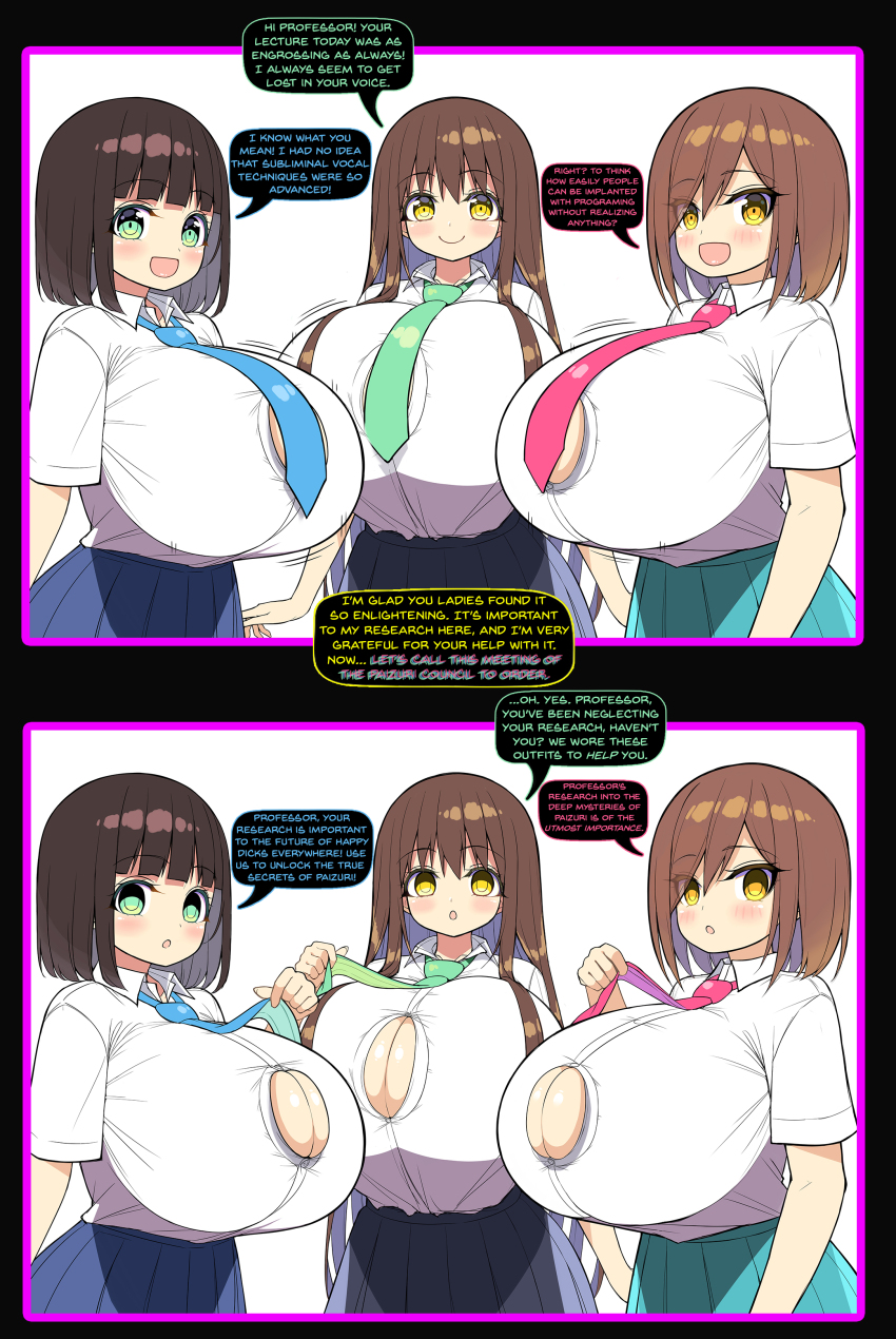 breasts brown_hair button_gap cleavage comic dazed dialogue empty_eyes femsub huge_breasts long_hair maledom manip multiple_girls multiple_subs short_hair shuz_(dodidu) skirt subliminal tagme text tie tiechonortheal_(manipper) trigger