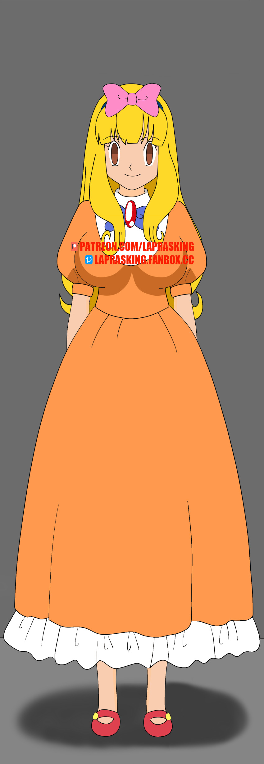 absurdres ash_ketchum bangs blonde_hair bow brown_eyes clothed dress empty_eyes genderswap hair_band laprasking large_breasts nintendo pokemon pokemon_(anime) shoes simple_background smile solo standing standing_at_attention text very_long_hair watermark