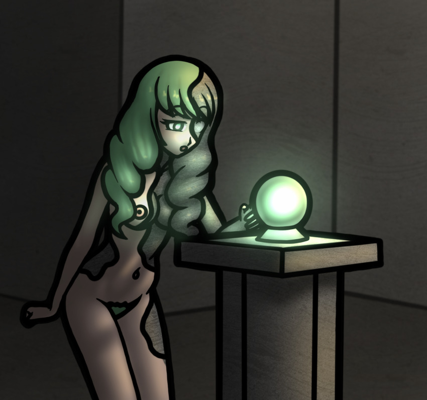 bottomless breasts crystal_ball expressionless female_only femsub fire_emblem fire_emblem_three_houses flayn_(fire_emblem_three_houses) glowing glowing_eyes green_eyes green_hair httpwwwcom long_hair navel nintendo nipples nude petrification pubic_hair simple_background solo standing topless twintails
