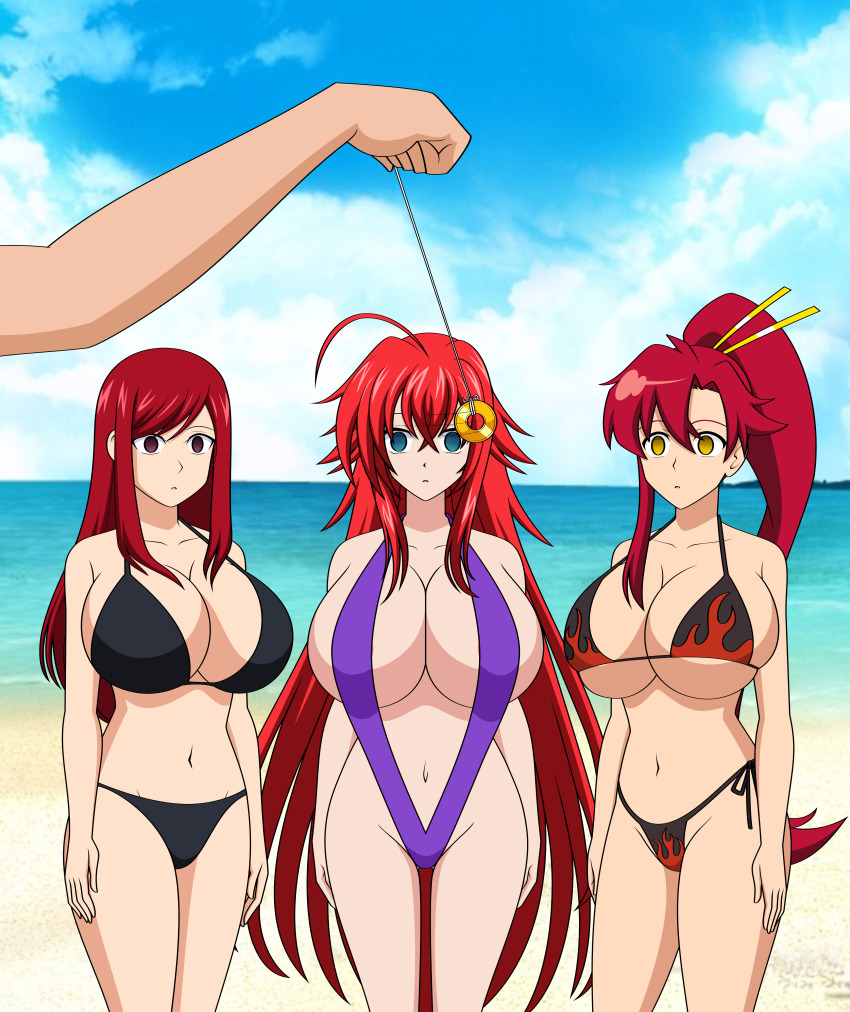 absurdres ahoge bangs beach bikini blue_eyes breasts cleavage coin empty_eyes erza_scarlet expressionless fairy_tail femsub gurren_lagann high_school_dxd jimryu large_breasts long_hair multiple_girls multiple_subs navel pendulum ponytail red_hair rias_gremory sling_bikini standing very_long_hair yellow_eyes yoko_littner