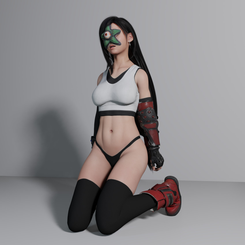 3d abs alien black_hair boots breasts collarbone dazed dc_comics earrings esccc female_only femsub final_fantasy final_fantasy_vii fingerless_gloves gloves kneeling long_hair midriff navel open_mouth opera_gloves parasite simple_background solo starro tank_top thighhighs tifa_lockhart underwear white_background