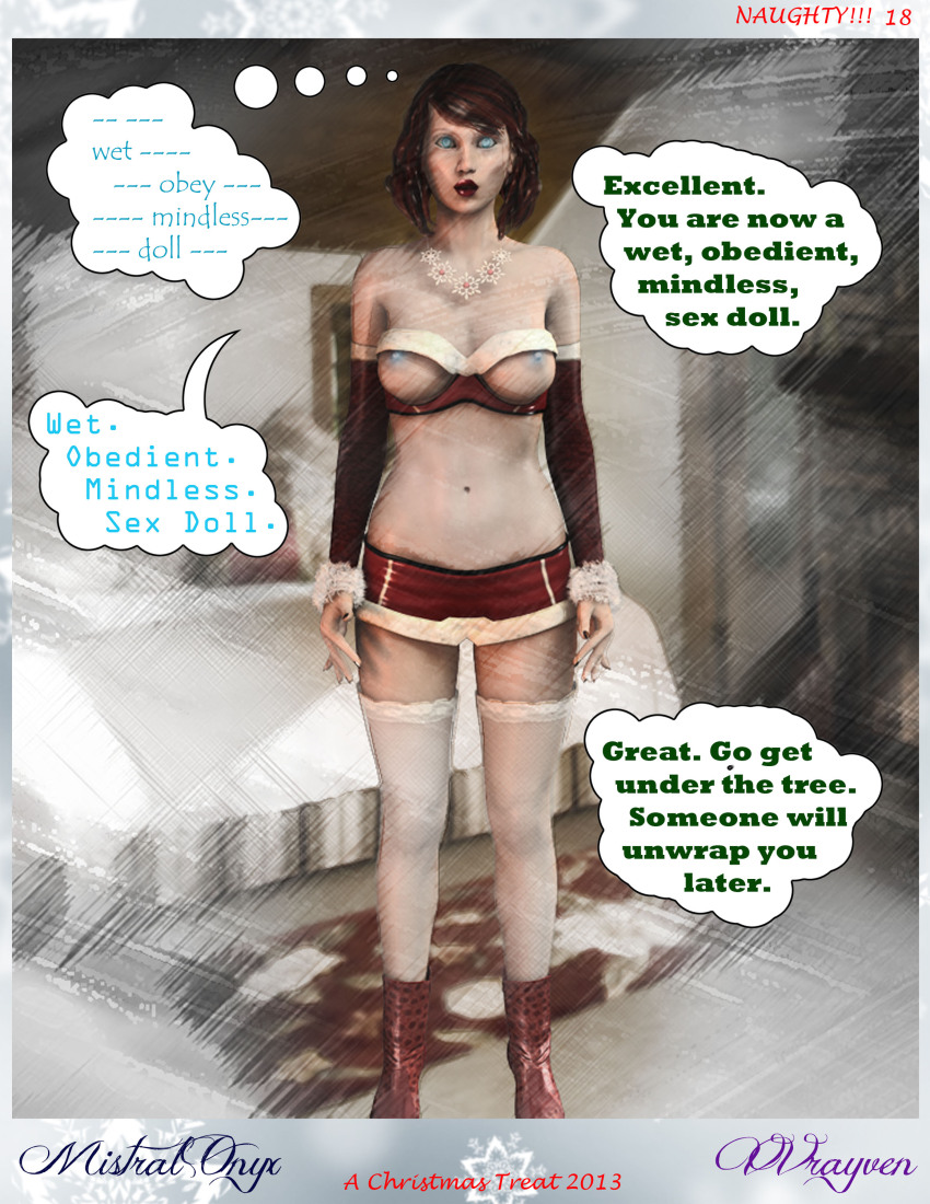3d absurdres blue_eyes boots breasts christmas comic erect_nipples expressionless femsub fishnets lingerie magic maledom mistralonyx necklace nipples original poser standing standing_at_attention text thighhighs thought_bubble underwear vvrayven