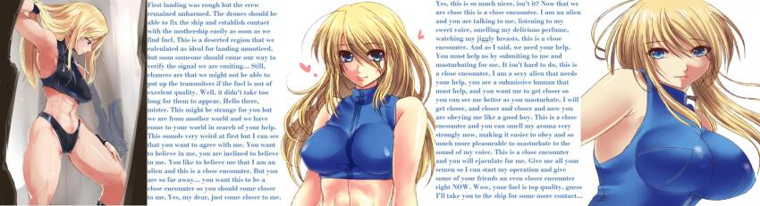 abs alien blonde_hair blue_eyes breasts caption caption_only female_only femdom hypsubject_(manipper) large_breasts long_hair looking_at_viewer manip masturbation_command metroid_(series) midriff nintendo orgasm_command pov pov_sub samus_aran smile text