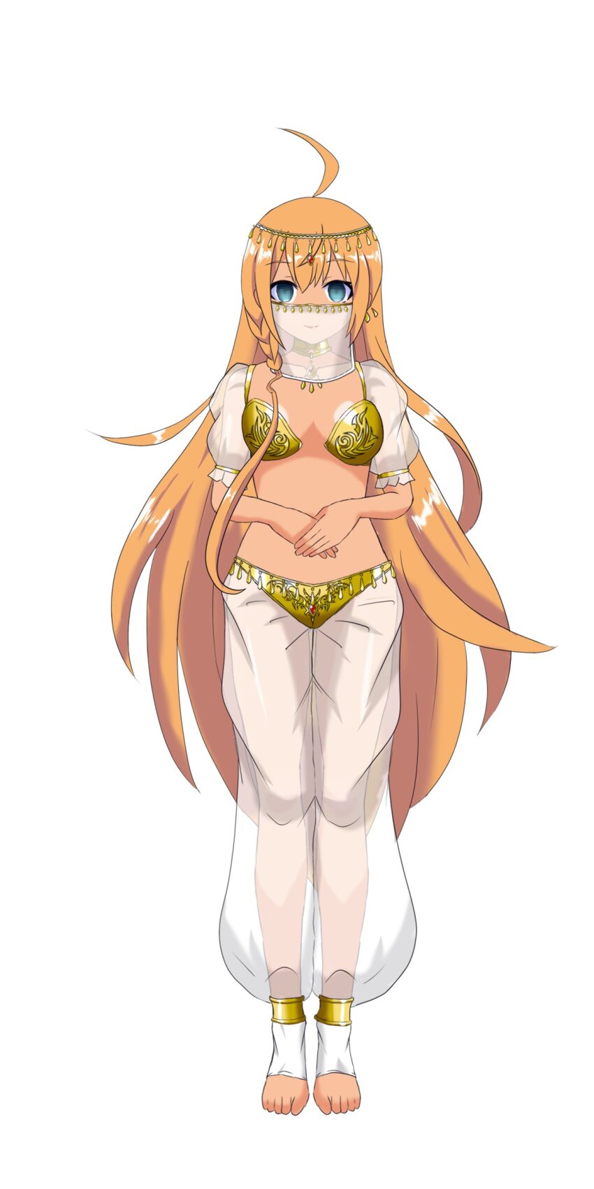 arm_bands barefoot blonde_hair blue_eyes breasts collar empty_eyes female_only femsub happy_trance harem harem_outfit headdress inikanata large_breasts long_hair midriff multiple_girls pecorine princess_connect! princess_connect!_re_dive see-through standing standing_at_attention tan_skin veil