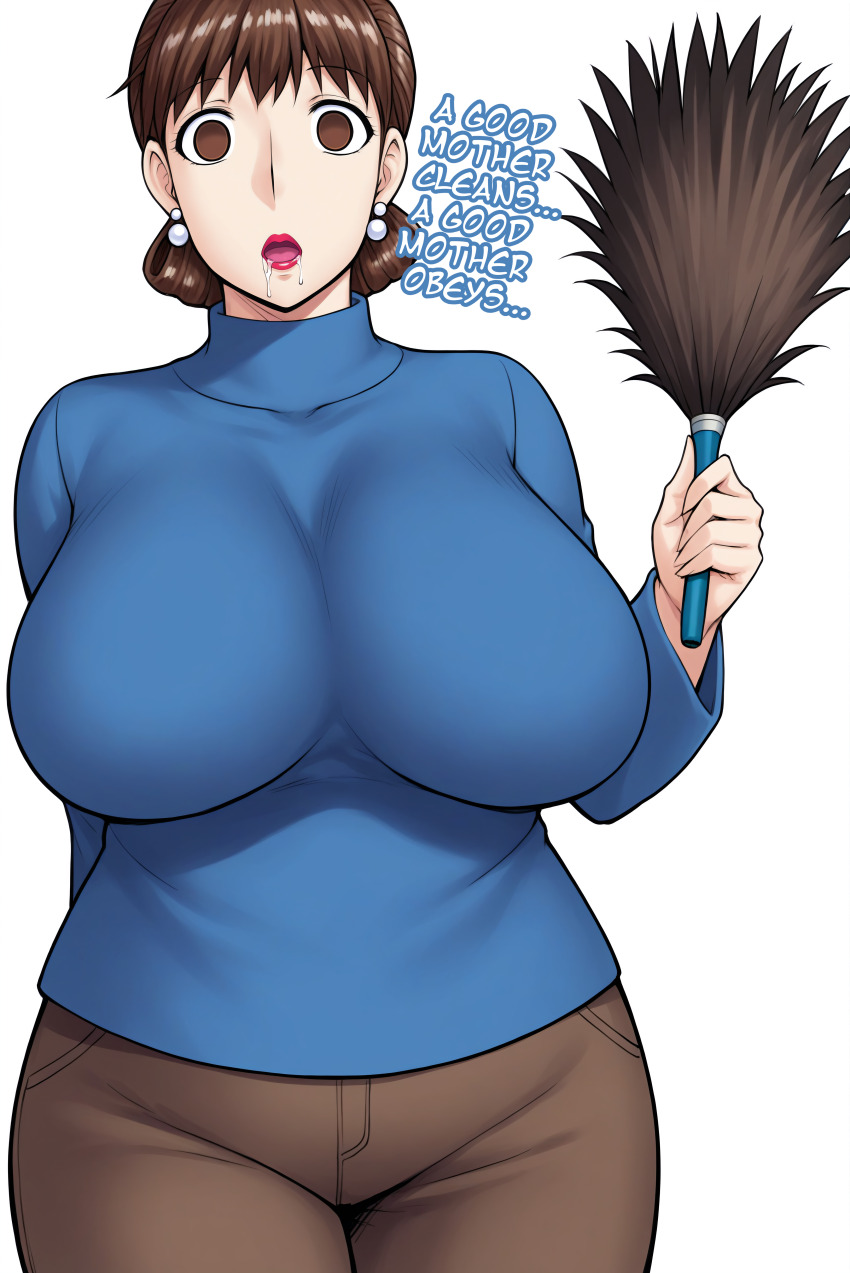 ai_art breasts brown_eyes brown_hair drool empty_eyes expressionless female_only femsub huge_breasts lipstick looking_at_viewer maledom manip milf minimimic_(generator) minimimic_(manipper) mom_(jinsuke) mom_is_my_doll pants short_hair simple_background stable_diffusion_(ai) sweater text tight_clothing white_background