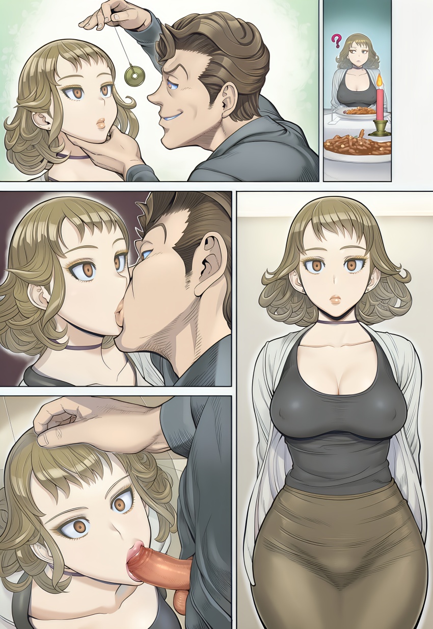 ai_art breasts brown_hair candle choker comic earrings empty_eyes expressionless fellatio femsub food hand_on_head hellsing002_(generator) kissing large_breasts maledom oral pendulum penis skirt smirk