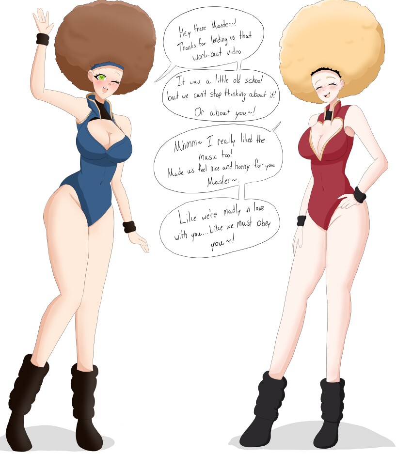 a_singular_fish aerobics_outfit afro alternate_hairstyle bare_legs bare_shoulders beatrix_(granblue_fantasy) blonde_hair blush breasts brown_hair cleavage dialogue exercise female_only femsub granblue_fantasy green_eyes happy_trance heart heart_eyes hypnotic_music hypnotic_video leg_warmers leotard multiple_girls multiple_subs open_mouth shoes smile speech_bubble standing symbol_in_eyes text wink wrist_band zeta_(granblue_fantasy)