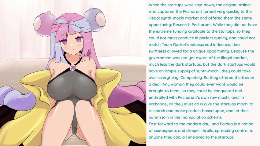 bare_legs bare_shoulders blue_hair blush breasts caption clothed_exposure collarbone empty_eyes expressionless female_only femsub hair_ornament hypnotic_drug iono_(pokemon) jacket konoe_ro large_breasts long_hair looking_at_viewer magnemite multicolored_hair nintendo nipples no_bra no_panties onlyharmony_(manipper) open_mouth pecharunt pink_hair pokemon pokemon_scarlet_and_violet purple_eyes pussy see-through sitting solo text very_long_hair