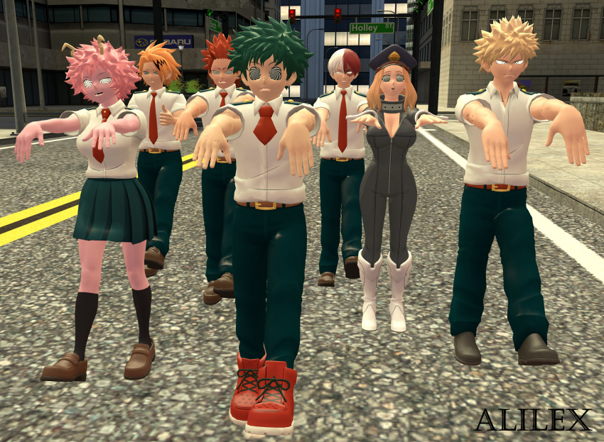 3d alilex blonde_hair camie_utsushimi denki_kaminari eijiro_kirishima femsub green_hair happy_trance horns izuku_midoriya katsuki_bakugo long_hair malesub mina_ashido multicolored_hair my_hero_academia pink_hair pink_skin red_hair school_uniform short_hair shoto_todoroki source_filmmaker spiral_eyes unhappy_trance zombie_walk