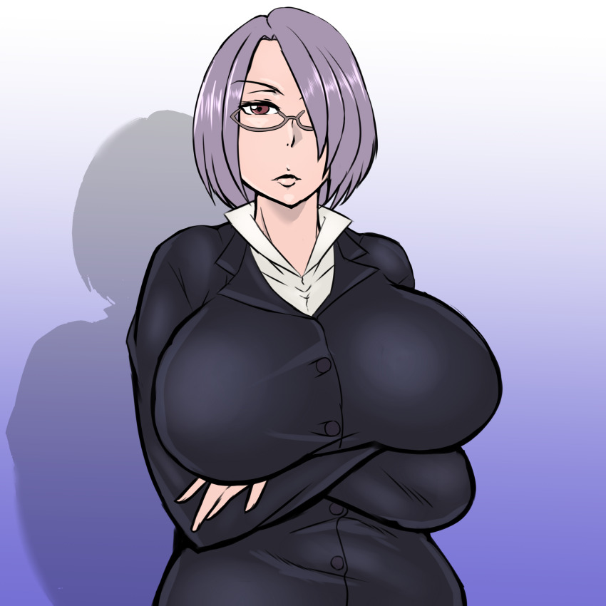 aware bazuki_juhachibei breasts brown_eyes business_suit female_only glasses hair_covering_one_eye milf mrs._kaidou pink_hair solo the_disasterous_life_of_saiki_k.