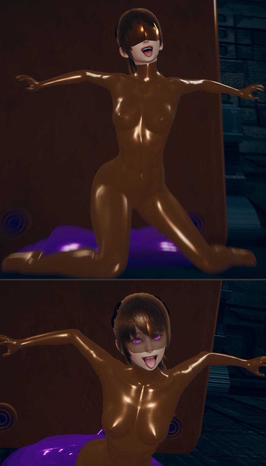 3d absurdres blindfold bodysuit brown_hair comic corruption erect_nipples erect_nipples_under_clothes female_only femsub glowing_eyes happy_trance honey_select_2 kneeling latex murochi-san open_mouth original pink_eyes ponytail rubber see-through slime solo spread_legs tears tongue tongue_out