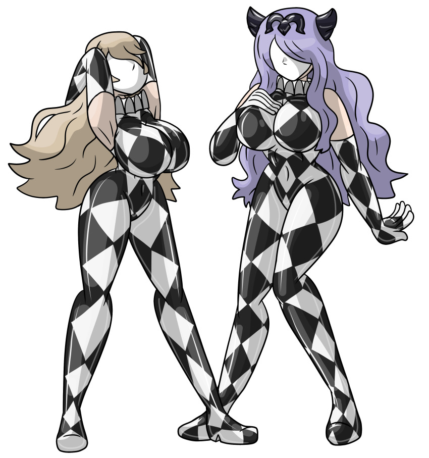 arms_above_head bodysuit breasts camilla_(fire_emblem_fates) corrin_(fire_emblem) crown drone dronification expressionless faceless female_only femsub fire_emblem fire_emblem_fates gloves hair_covering_one_eye high_heels horns large_breasts latex long_hair mask multiple_girls multiple_subs nintendo opera_gloves protoybonnie purple_hair white_hair