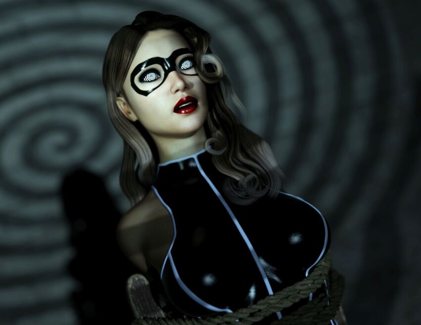 3d bondage breasts expressionless female_only femsub janus3003 leotard long_hair mask open_mouth red_lipstick rope spiral spiral_eyes super_hero symbol_in_eyes tech_control
