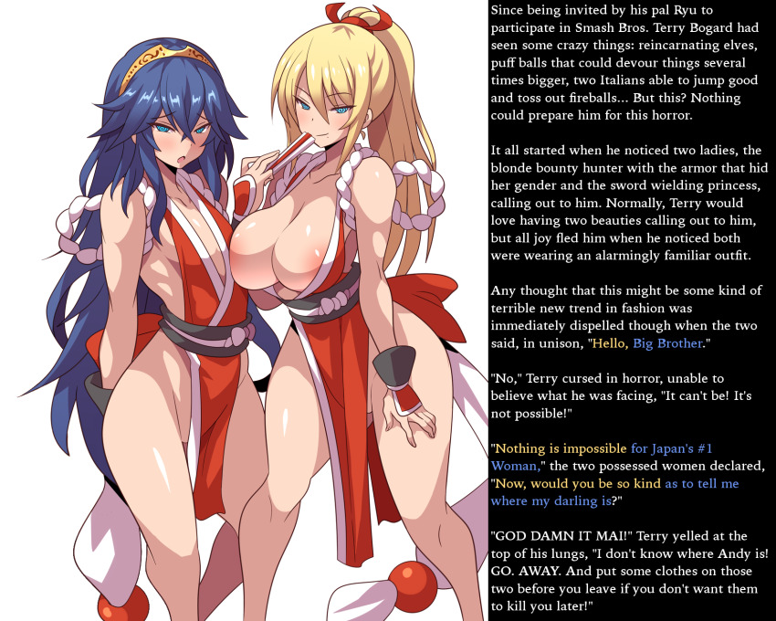blonde_hair blue_hair blush breasts caption cleavage cosplay dazed female_only femsub fire_emblem fire_emblem_awakening ghost13_(writer) happy_trance humor icontrol_(manipper) king_of_fighters konno_tohiro large_breasts long_hair looking_at_viewer lucina mai_shiranui manip metroid_(series) mole multiple_girls multiple_subs nintendo open_mouth ponytail possession princess samus_aran small_breasts smile spiral_eyes super_smash_bros. symbol_in_eyes text white_background