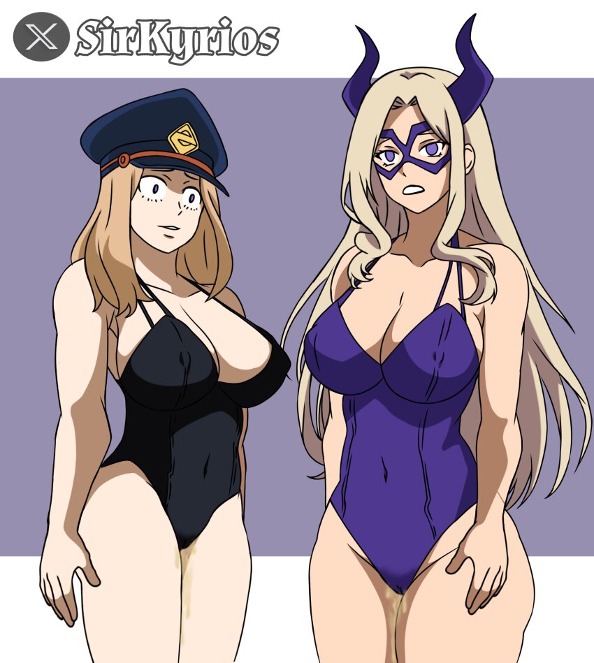 bare_legs blonde_hair cameltoe camie_utsushimi cleavage collarbone empty_eyes expressionless female_only femsub hat hitoshi_shinso horns large_breasts long_hair mask multiple_girls multiple_subs my_hero_academia purple_eyes pussy_juice shrunken_irises signature simple_background sirkyrios_(artist) standing standing_at_attention tagme very_long_hair yu_takeyama