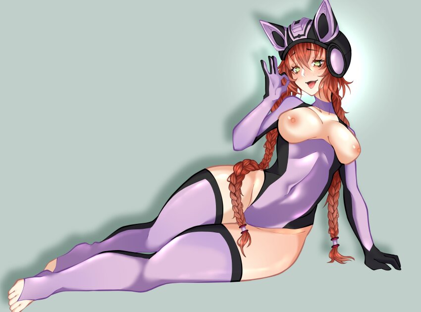 blush braid breasts breasts_outside clothed_exposure exposed_chest eyebrows_visible_through_hair feet female_only femsub fox_ears freckles green_eyes happy_trance heart heart_eyes helmet leotard long_hair lying mimichi open_mouth original red_hair smile solo tech_control thighhighs tight_clothing tongue tongue_out twin_braids viltai_(viltai)