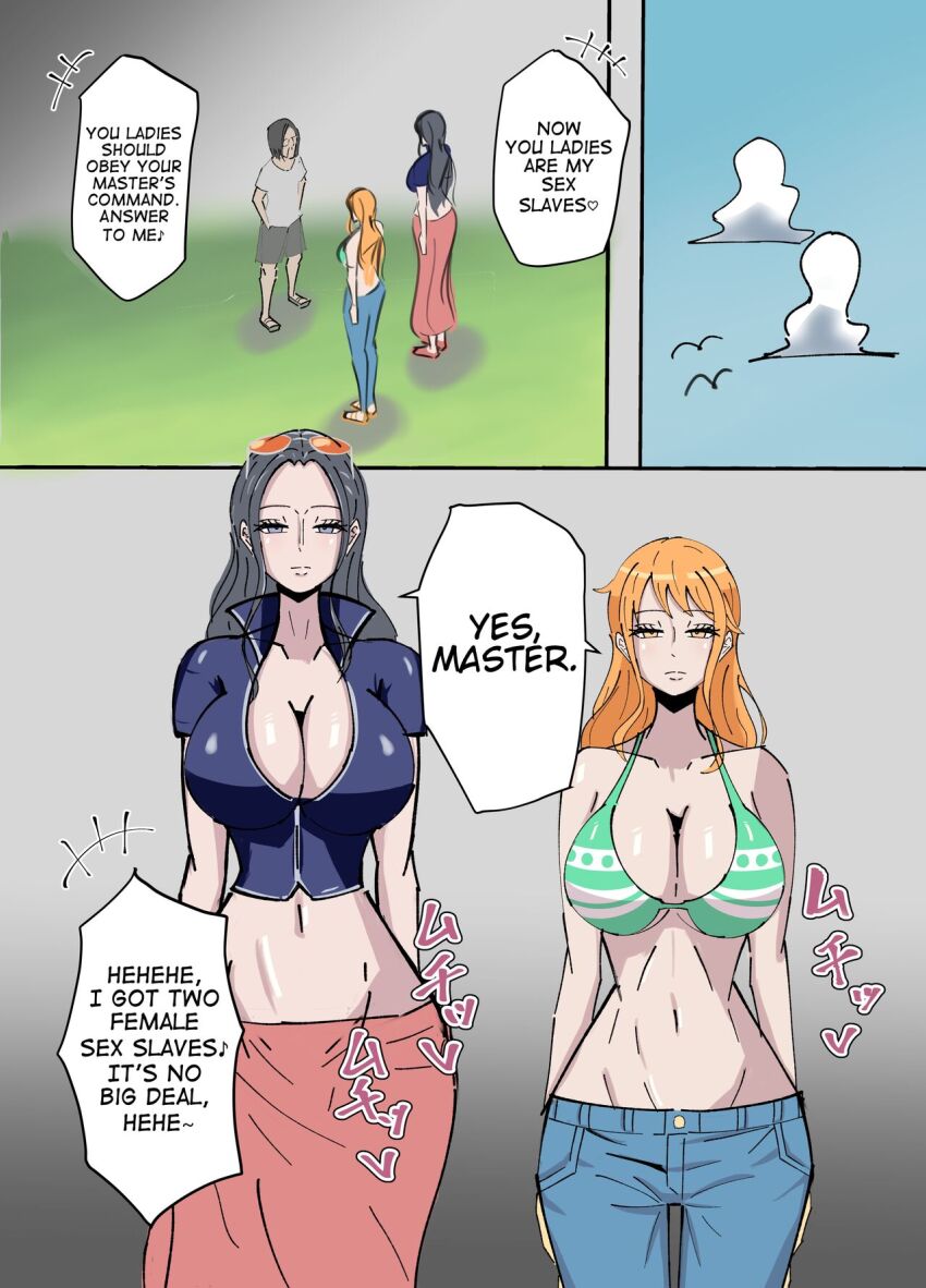 bikini bikini_top black_hair breasts buhimaru2121 clothed dialogue empty_eyes english_text expressionless femsub hard_translated instant_loss jeans large_breasts long_hair maledom multiple_girls multiple_subs nami_(one_piece) nico_robin one_piece orange_eyes orange_hair purple_eyes standing standing_at_attention sunglasses text translated ugly_bastard