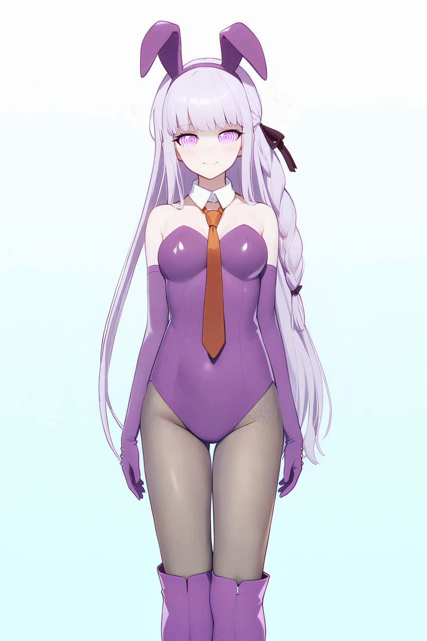 boots bunny_ears bunny_girl bunnysuit collar dangan_ronpa femsub gloves happy_trance ivatent ivatent_(manipper) kyoko_kirigiri simple_background smile spiral_eyes standing standing_at_attention symbol_in_eyes tie tights white_hair