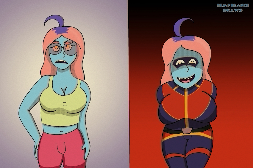 alternate_costume arms_behind_back before_and_after bent_over blue_skin breasts corruption cosplay female_only femsub glasses hand_on_hip henry_danger large_breasts long_hair midriff multicolored_hair nickelodeon orange_hair sharp_teeth smile teennick-tan temperancedraws yellow_eyes
