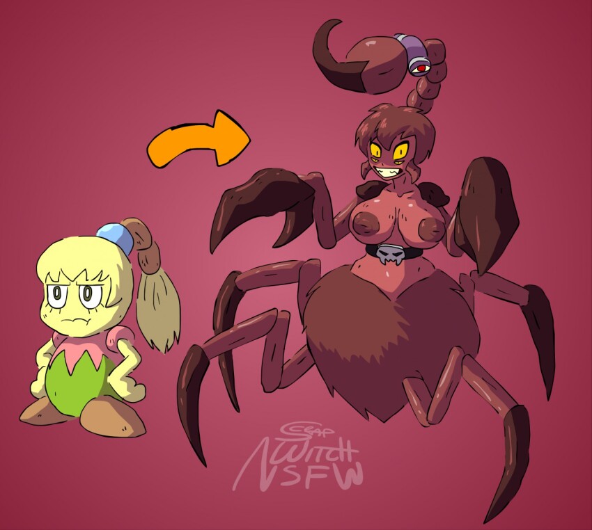 before_and_after blonde_hair breasts bug_girl claws corruption evil_smile femdom femsub kirby_(series) kirby_right_back_at_ya! large_breasts multiple_legs nightmare_fuel nintendo ponytail red_skin scrapcorcist smile tiff topless transformation