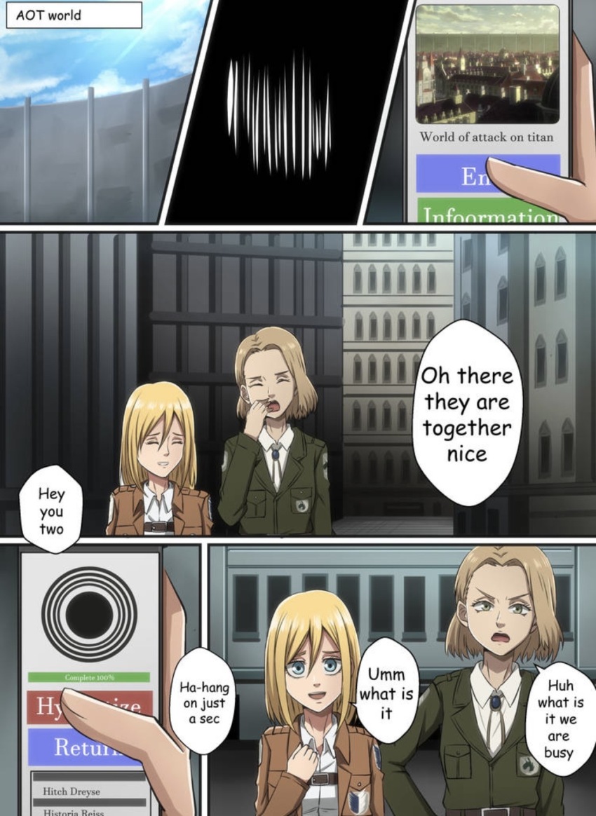 attack_on_titan blonde_hair blue_eyes brown_hair clothed comic english_text green_eyes historia_reiss hitch_dreyse hypnotic_app jacket liaxox military_uniform multiple_girls open_mouth phone ribbon short_hair text