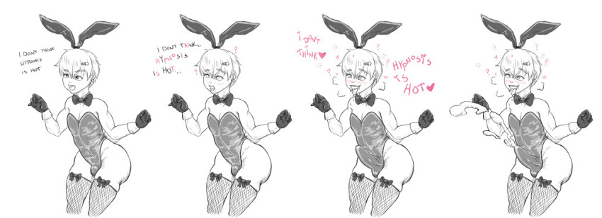ahegao ass before_and_after blush bow_tie breath bulge bunny_boy bunny_ears bunnysuit character_request comic crossdressing cuffs cum cum_on_clothes erection eye_roll eyebrows_visible_through_hair fake_animal_ears fishnets gloves greyscale hair_ornament handsfree_ejaculation happy_trance leaning_forward luckyluckyluckypenny male_only malesub orgasm original penis short_hair simple_background smile solo spiral_eyes standing tagme text thighhighs tongue tongue_out white_background