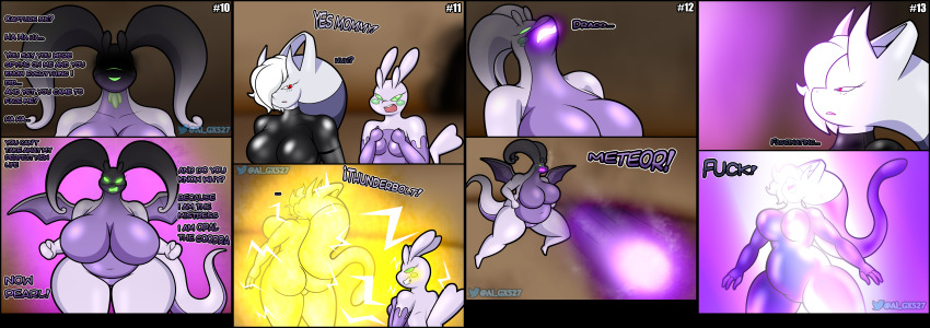 al_gx ass black_skin breasts clothed comic dialogue dragonite electricity feet freckles furry goodra large_breasts large_hips latex levitation mega_mewtwo_y mewtwo nintendo pikachu pokemon purple_skin rubber short_hair story text violence white_hair