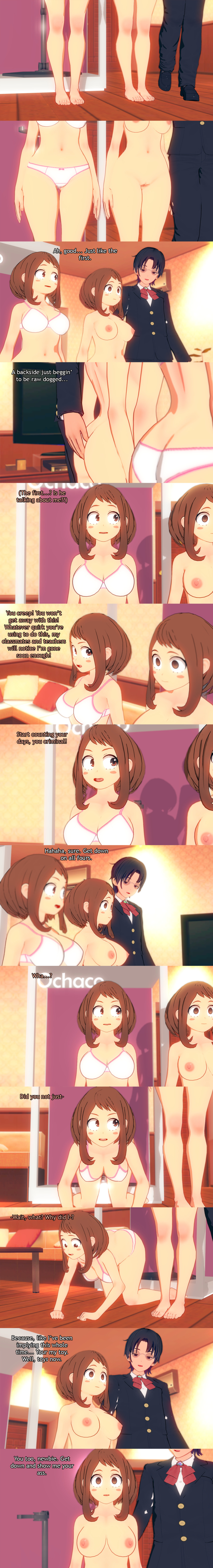 absurdres all_fours ass_grab aware black_hair body_control bra breasts brown_eyes brown_hair censored clone clothed confused dialogue dollhouse empty_eyes english_text expressionless femsub glasses maledom multiple_girls multiple_subs my_hero_academia nipples nude ochaco_uraraka panties pussy sequence short_hair standing_at_attention text underwear