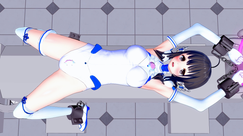 3d ahoge arms_above_head black_eyes black_hair blush breasts chains chihaya_(koimin4) cuffs female_only femsub garter gloves jewelry koikatsu! koimin4 looking_at_viewer magical_girl on_back open_mouth opera_gloves original restrained shoes solo spread_legs thighhighs twintails