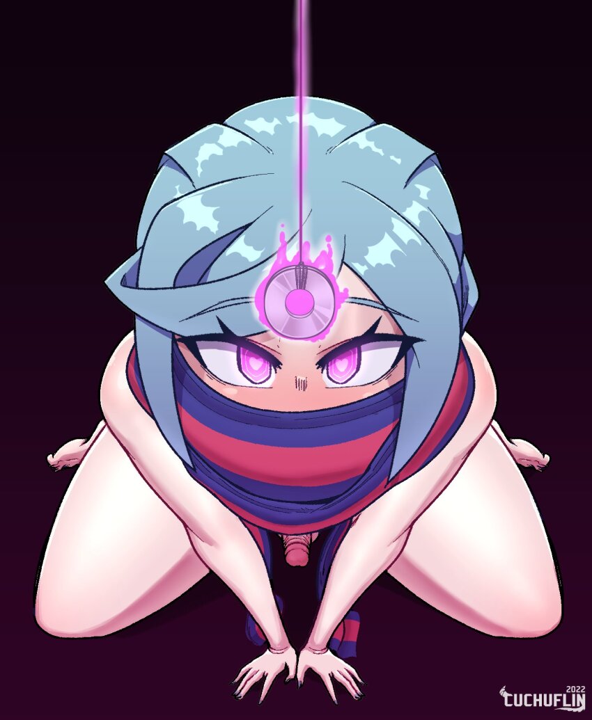 blue_hair coin cuchuflin face_mask femboy grusha_(pokemon) heart_eyes hypno kneeling male_only maledom malesub nintendo nude pendulum penis pink_eyes pokemon pokemon_scarlet_and_violet scarf short_hair small_penis spiral_eyes thick_thighs thighs
