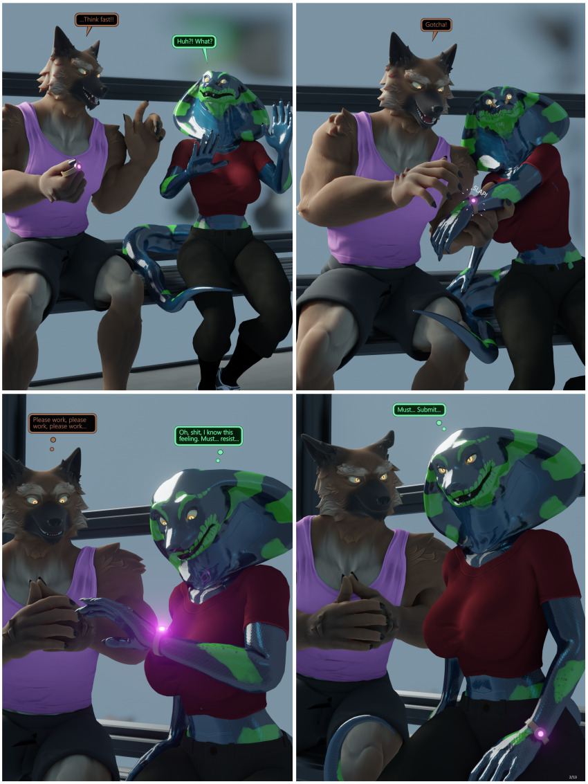 3d bracelet comic dialogue femsub furry happy_trance heavy_eyelids hypnotic_accessory kathy_(thalarynth) magic maledom resisting scalie smile snake_girl speech_bubble surprised text thalarynth_(manipper) thought_bubble wolf_boy