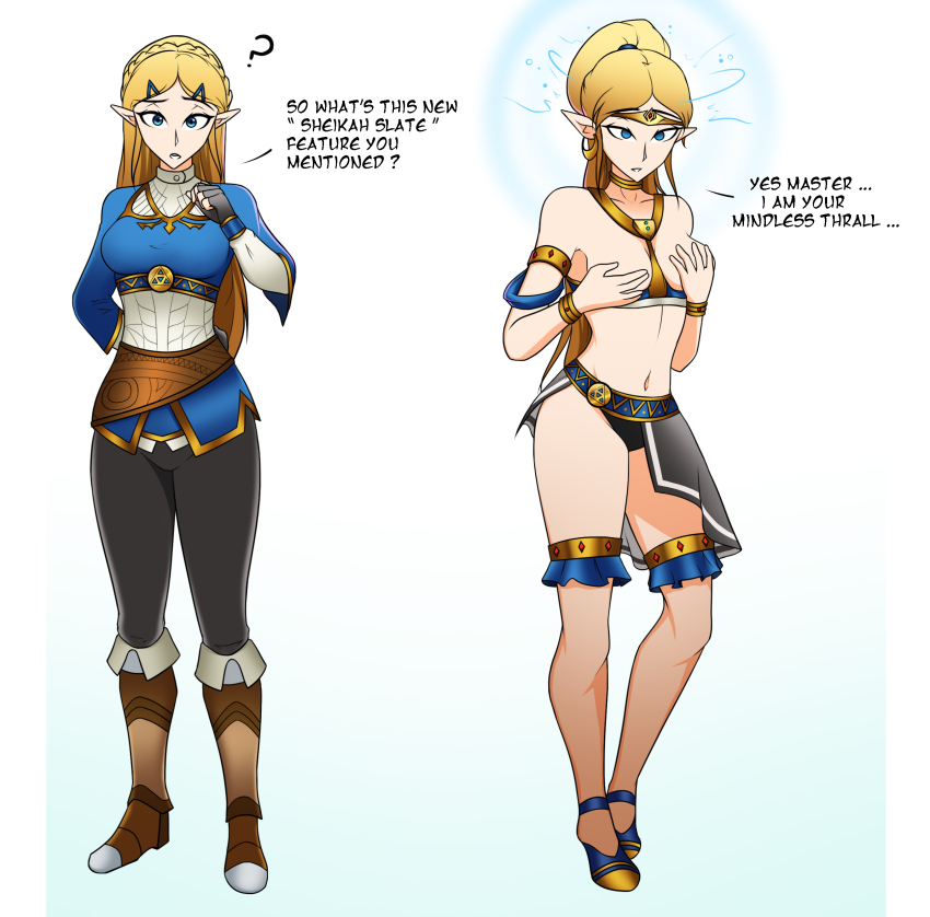 absurdres bare_legs before_and_after blonde_hair breasts breath_of_the_wild dazed dialogue elf elf_ears empty_eyes english_text expressionless female_only femsub gerudo harem_outfit jewelry large_breasts leggings legs long_hair nexus_light nintendo nipple_play open_mouth ponytail princess princess_zelda text the_legend_of_zelda topless