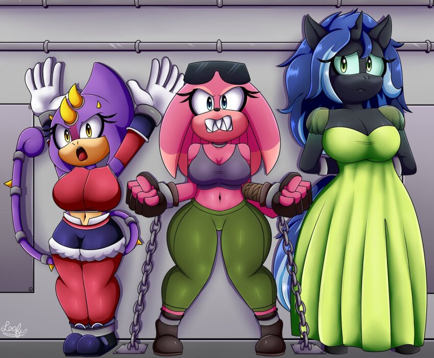 angry arms_behind_back breasts chains chameleon_girl changeling clothed dress echidna_girl eggman_nega female_only furry glasses gloves leafyboingobo my_little_pony opera_gloves original sharp_teeth sonic_the_hedgehog_(series) wrist_band