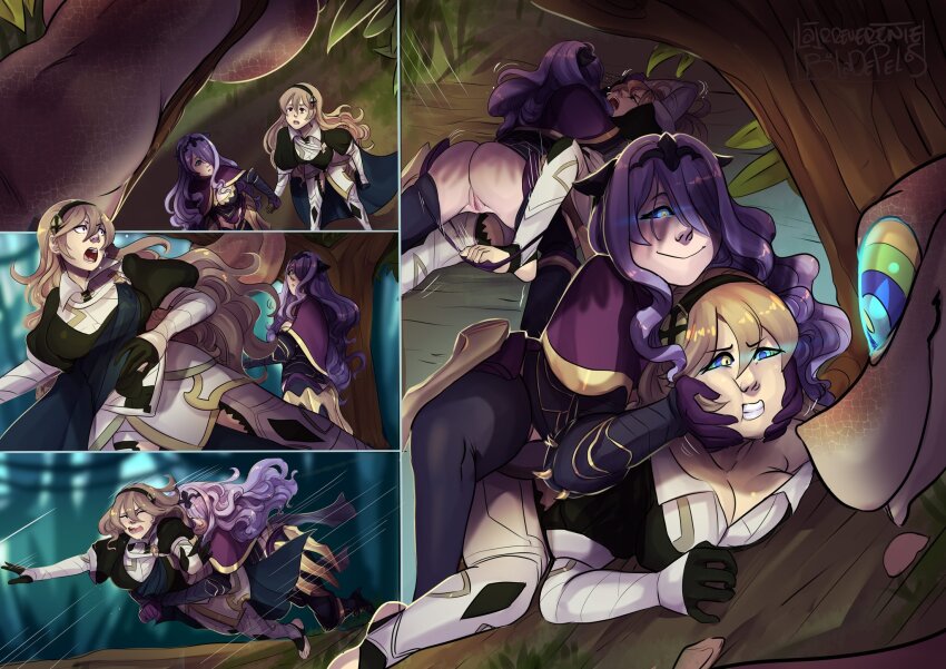 ass blonde_hair breasts camilla_(fire_emblem_fates) cheek_squish cleavage comic corrin_(fire_emblem) disney evil_smile feet femsub fire_emblem fire_emblem_fates hair_ornament hairband happy_trance hypnotic_eyes hypnotized_assistant kaa kaa_eyes lairreverenteboladepelos large_breasts long_hair maledom multiple_girls multiple_subs nintendo panties princess purple_hair pussy resisting restrained smile snake surprised the_jungle_book underwear very_long_hair