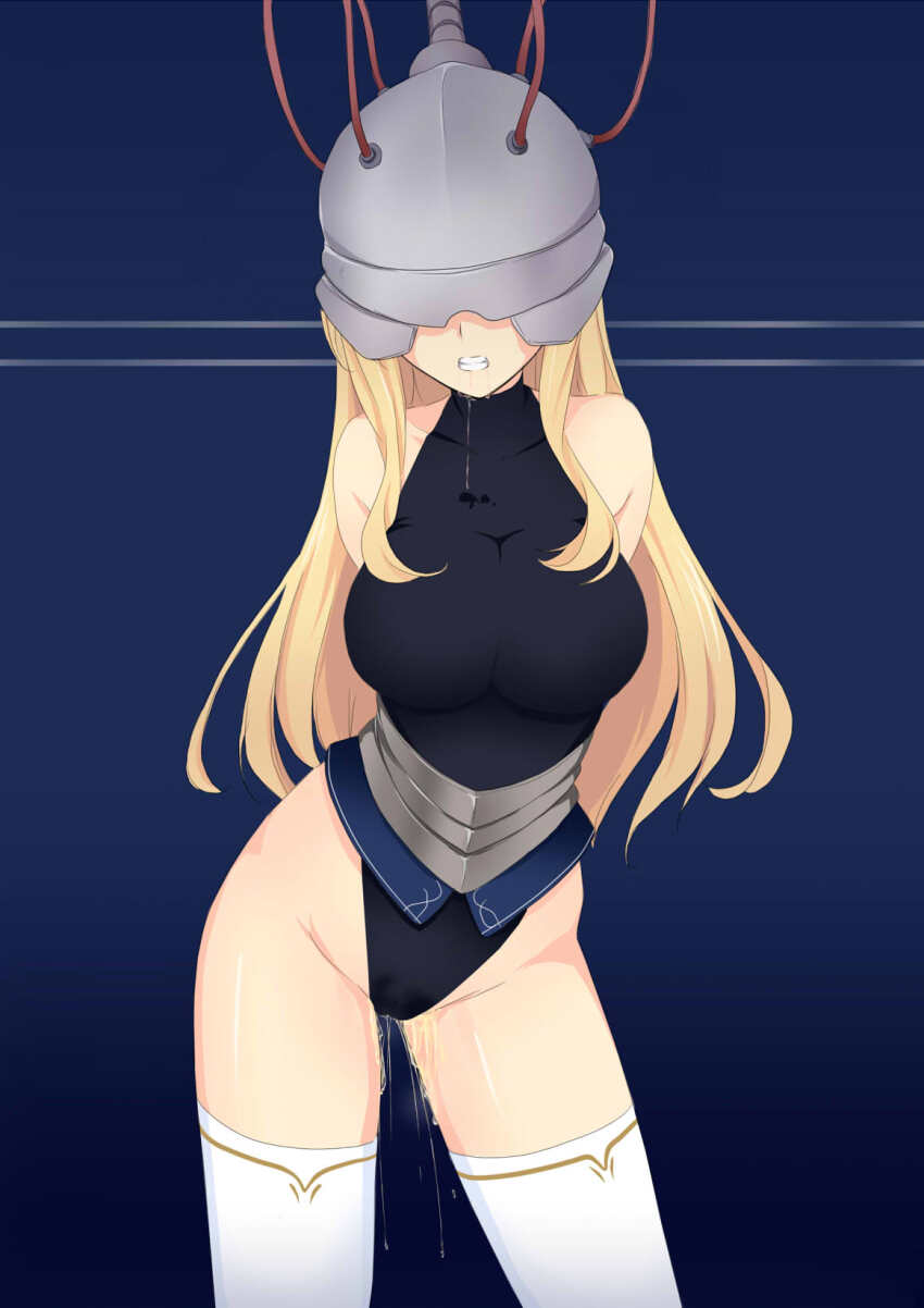 arms_behind_back bare_shoulders before_and_after blonde_hair blue_background cables cameltoe corruption dazed drool femsub helmet large_breasts leotard long_hair pussy_juice resisting simple_background standing tech_control thighhighs urination wires