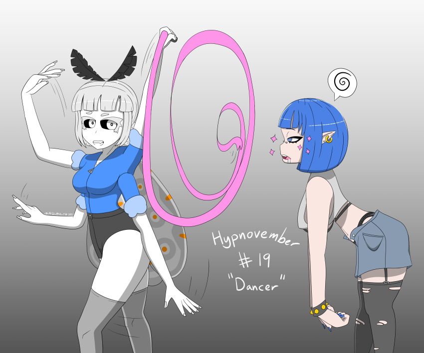 absurdres antenna blue_hair bra bracelet breasts bug_girl color dancer dancing drool earrings elf elf_ears expressionless eyebrows_visible_through_hair eyelashes female_only femdom femsub garter_belt garter_straps gradient_background hair_buns heavy_eyelids hypnovember large_breasts leaning_forward lingerie midriff missy_(sobergin) monster_girl moth_girl multiple_arms nose_piercing open_mouth original piercing punk ribbon short_hair short_shorts shorts signature smile smug sobergin sparkle speech_bubble spiral spiral_eyes standing tank_top text thick_thighs thighhighs thighs thong underboob white_hair white_skin wings